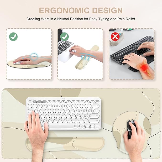 iCasso Large Gaming Mouse Pad Wrist Support Set Desk Mat 4in1 XXL Mousepad + Keyboard Wrist Rest+Mouse Wrist Rest+Coaster Set with Ergonomic Design for Home Office Table Computer-Brown Art