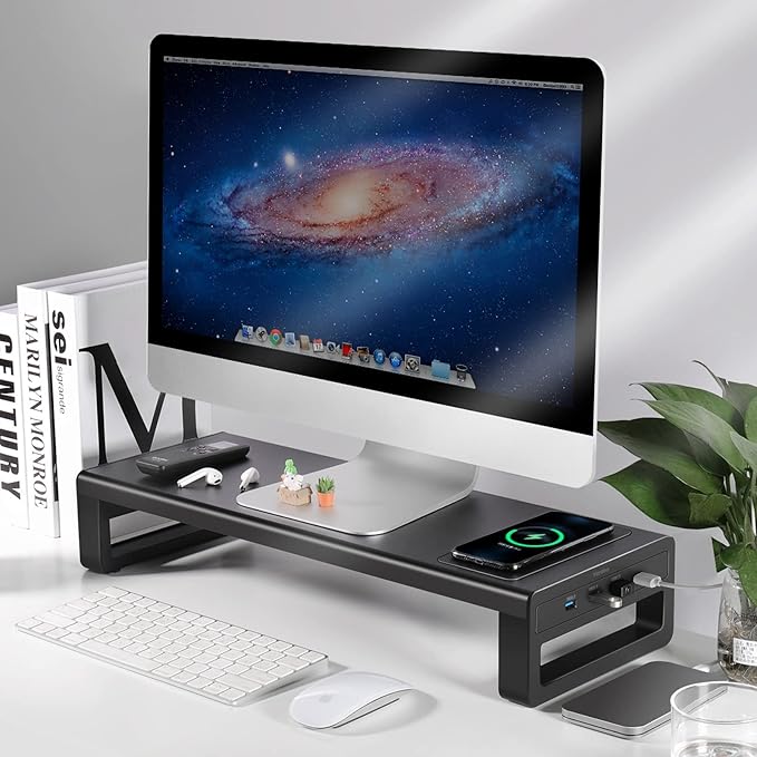 Vaydeer Wireless Charging and USB 3.0 Monitor Stand Monitor Riser for Desk with Storage Single Shelf Holder Raiser Organizer for Computer iMac Laptop PC Screen Heavy Duty Gift Gaming Studio Office