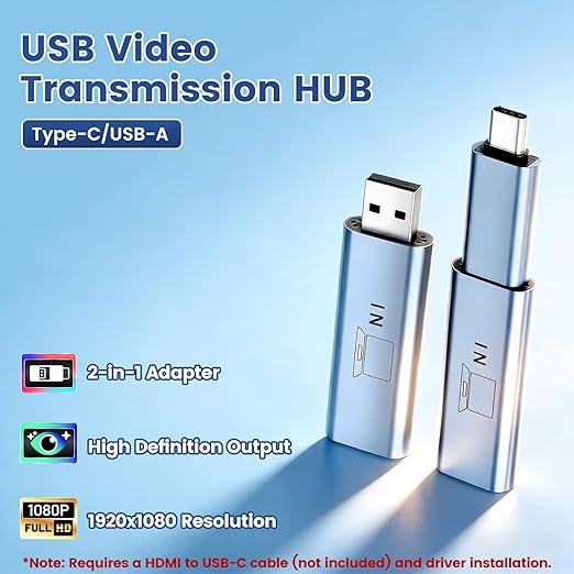 USB Video Transmission Hub 2-in-1 Adapter Converts USB to HDMI for Laptops Lack HDMI or Fully Functional Type-C Ports Compatible with Windows &amp Mac (M1/M2/M3/M4) Driver Installation Required