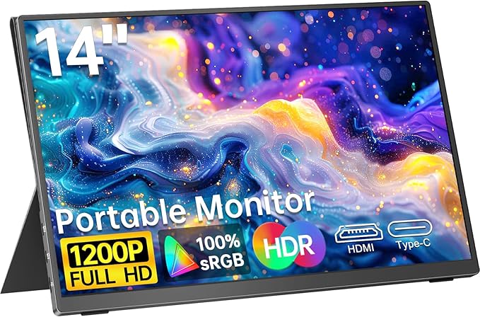 Portable Monitor for Laptop-14'' 1200P 100% sRGB FHD IPS Display Ultra-Slim USB-C HDMI External &amp Travel Monitor with Cover &amp Speakers for Laptop/PC/Mac/Phone/Xbox/Switch/PS4