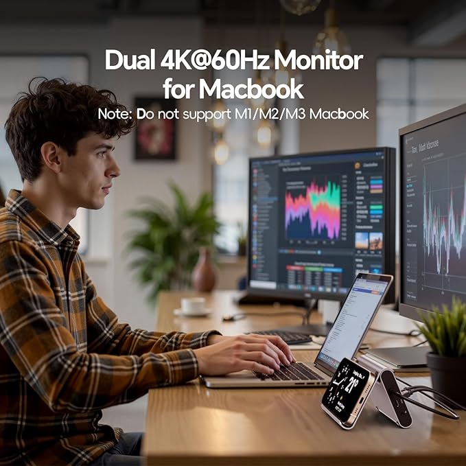 MacBook Pro Docking Station Dual Monitor 4K@60Hz for MacBook Pro/Air M3 Pro/M4/M5 PULWTOP USB C Docking Station Stand Laptop Dock with 2 HDMI PD Ethernet USB A/C 10Gbps Audio SD/TF USB 2.0