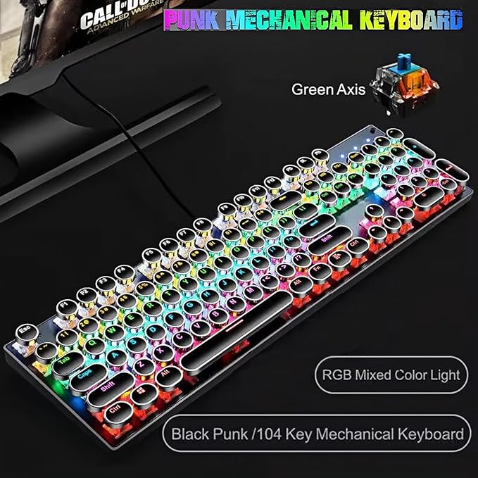 Guiheng Wired Typewriter Style Mechanical Gaming Keyboard Black Retro Punk Gaming Keyboard with RGB Backlit 104 Keys Blue Switch Wired Cute Keyboards Round Keycaps for Windows/Mac/PC