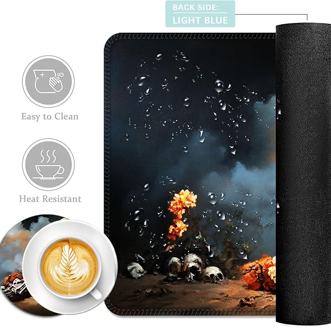 Keyboard Mouse Pad Set Extended Gaming Mouse Pad+Ergonomics Keyboard Wrist Rest Support Memory Foam Easy Typing Pain Relief 4Pcs XL Ultra Thick Desk MatSkeleton with Orange Flowers