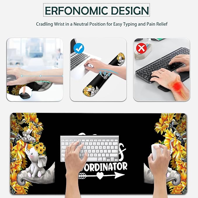 Large Mouse Pad Ergonomic Mouse Pad with Wrist Rest and Keyboard Wrist Rest 4 in 1 Set 31.5 x11.8 inch Extended Desk Pad for Home Office Cute Baby Elephant and Sunflowers Black xxl Gaming Mouse Mat