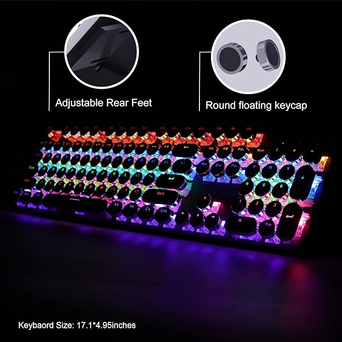 Retro Typewriter Keyboard and Mouse Combo Cute Black Keyboard with Linear Red Switches Full Size Wired Mechanical Gaming Keyboard Cool Light Up Keyboard and Mouse for GamingWorkMacPCWindows