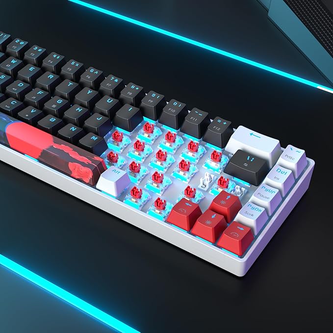 Protable 60% Percent Gaming Keyboard Mechanical Mini Compact Ice-Blue LED Backlit 68 Keys Wired Office Keyboard with Red Switch for Mac/Win/PS4/PS5(68Black/red Switch)