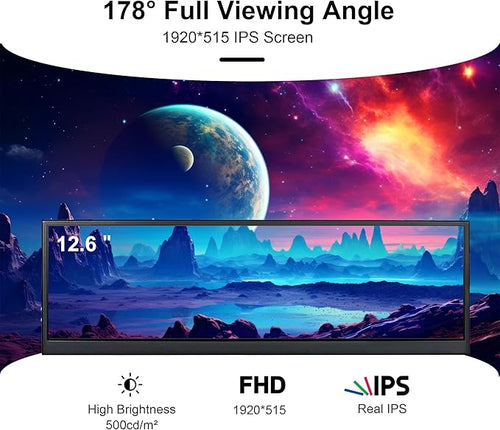 12.6 Inch Secondary Screen FHD IPS Stretched Bar LCD Display 1920X515 Mini HDMI for Laptop Computer Health Speed Windows Aida64 Sub CPU GPU Display (No Touch Monitor)