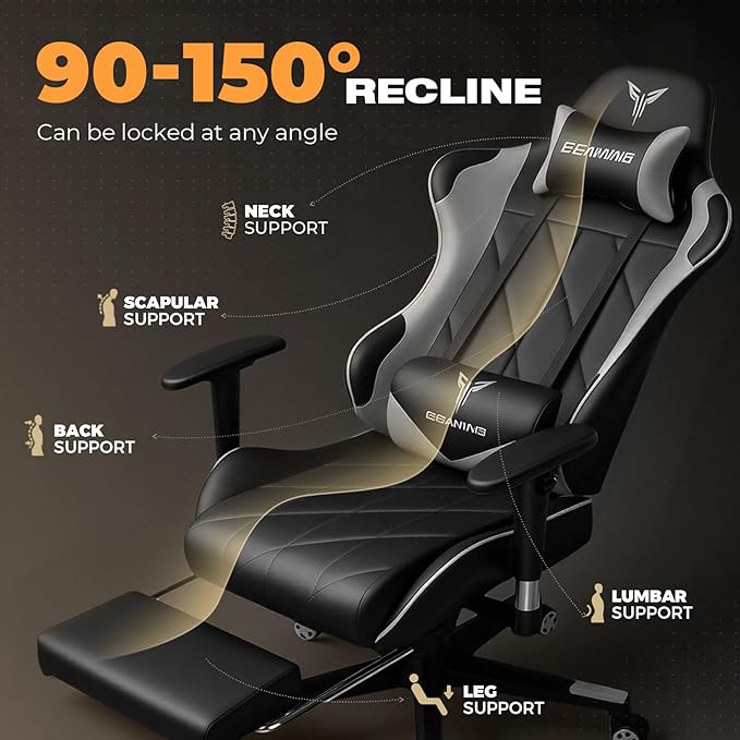 Gaming Chair with Footrest Ergonomic High-Back PU Leather Computer Chair with 3D Adjustable Armrests Headrest and Lumbar Support Office Desk Chair with Diamond Stitching for Adults &amp Teen