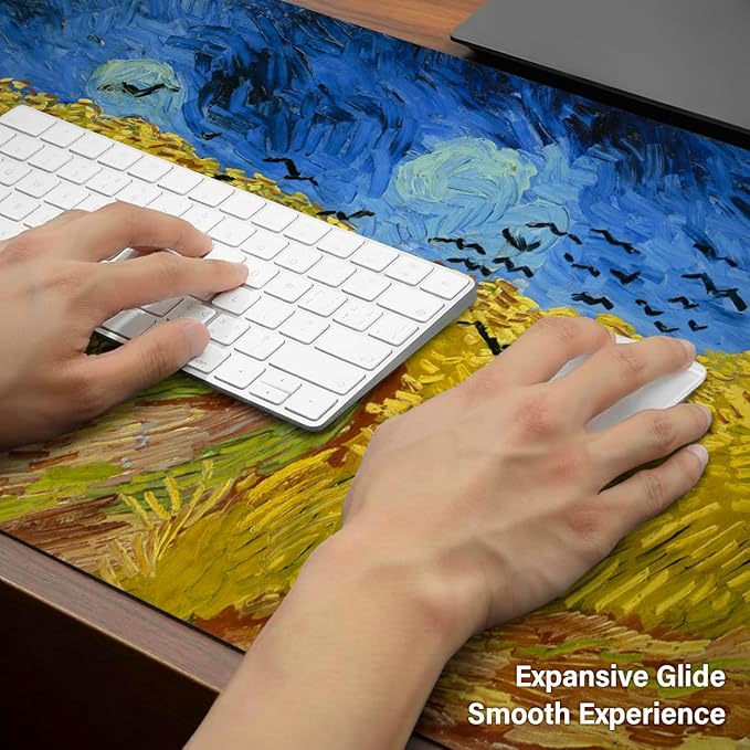 Large Mouse PadExtra Long and Thick Desktop Mouse Pad with Stitched EdgesNon-Slip BaseWaterproof Keyboard Pad for Office and HomeVan Gogh-Wheatfield with Crows(35.4x15.7x0.12 Inch90x40cm)