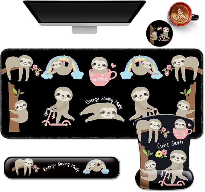 Desk Mat Set + Keyboard and Mouse Pad with Wrist Rest Support4-in-1 Large Mousepad Computer Mats for Desktop Home &amp Office -Sloths