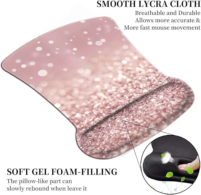 Ergonomic Mouse Pad Wrist Support Gel and Keyboard Wrist Rest Set Pink Glitter Design for Laptop Mac Gaming and Office Durable Comfortable and Pain Relief + Coaster