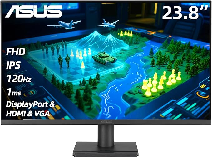 ASUS 24 FHD Gaming Office Monitor 120Hz 1ms Eye Care Monitor - IPS 99% sRGB Frameless Adaptive-Sync Speakers DisplayPort &amp HDMI &amp VGA Low Blue Light Flicker Free Tilt Adjust VESA