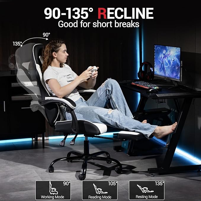 Gaming Chair with Footrest for Adults - PU Leather Video Game Chair w/Massage Lumbar Support for Men Women Ernogomic Computer Gamer Chair for Home Office Height Adjustable White