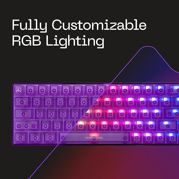 Higround Crystal Amethyst Basecamp 65% Mechanical USB Wired Gaming Keyboard White Flame Switches Programable RGB Transparent/Translucent Hot-Swappable Deep Thock Creamy Sounding PC Keyboard