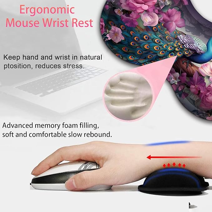Large Gaming Mouse Pad + Mouse Wrist Rest Pad + Coaster Combination 31.5 x 11.8 Durable Non-Slip Extension Table Mat Suitable for Office and Home Peacock and Flowers