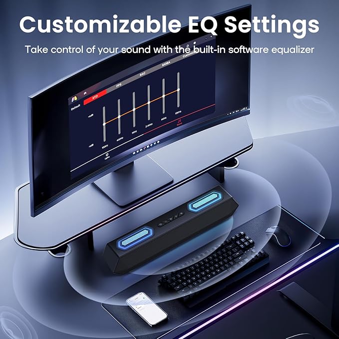 Deeyaple Computer Speakers 40W PC Speakers for Desktop Monitor with Bluetooth 5.3 &amp USB Audio HiFi Stereo Gaming Soundbar with Custom EQ Software Dynamic RGB Lighting for Laptop PS4 PS5 Blac