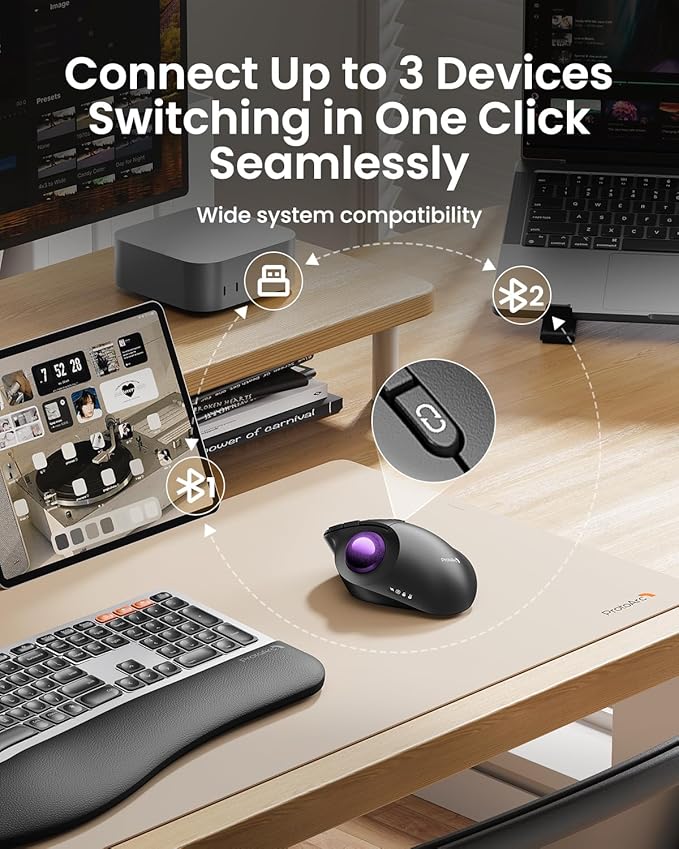 ProtoArc Wireless Bluetooth Trackball Mouse EM02 Two Adjustable Angle Ergonomic Rechargeable Computer Ball Mouse 3 Device Connection Thumb Control and Smooth Tracking for Laptop PC Mac-Purple