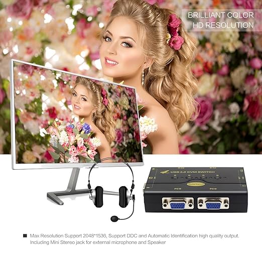 4 Port VGA KVM Switch with USB Hub and Audio Support Wireless Keyboard Mouse Connection and Push Button Switching Function