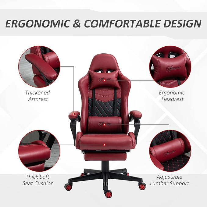 Gaming Chair Ergonomic Computer Desk Office Chair with Footrest Height Adjustable Swivel Chair PU Leather and Lumbar Support for Gaming and Work (Red)