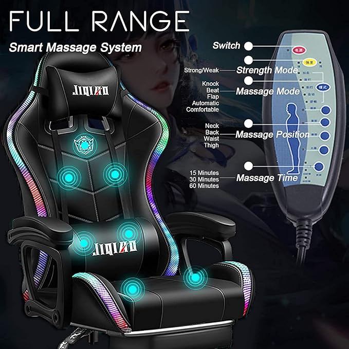 Gaming Chair with Bluetooth Speakers Video Game Chairs Gaming Lights- Ergonomic Massage Gaming Chair Full Massage Lumbar Support Adjustment of Backrest Dual Gaming Chair…
