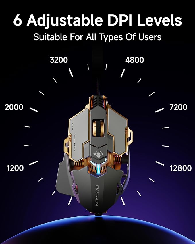 EWEADN G5 Wired Gaming Mouse Ergonomic RGB Computer Mouse 12800 Adjustable DPI 9 Programmable Macro Buttons with Rapid Fire Key Compatible for PC/Laptop/Windows-Grey