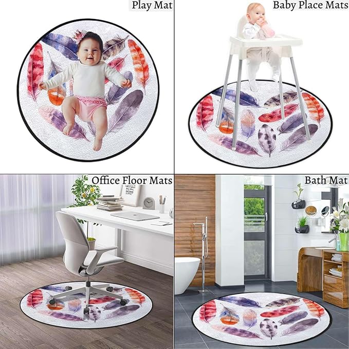 Multicolor Round Area Rug Washable Indoor Throw Rugs for Living Room Bedroom Dreamy Watercolor Elements Plumage Design Diameter 35.4 in