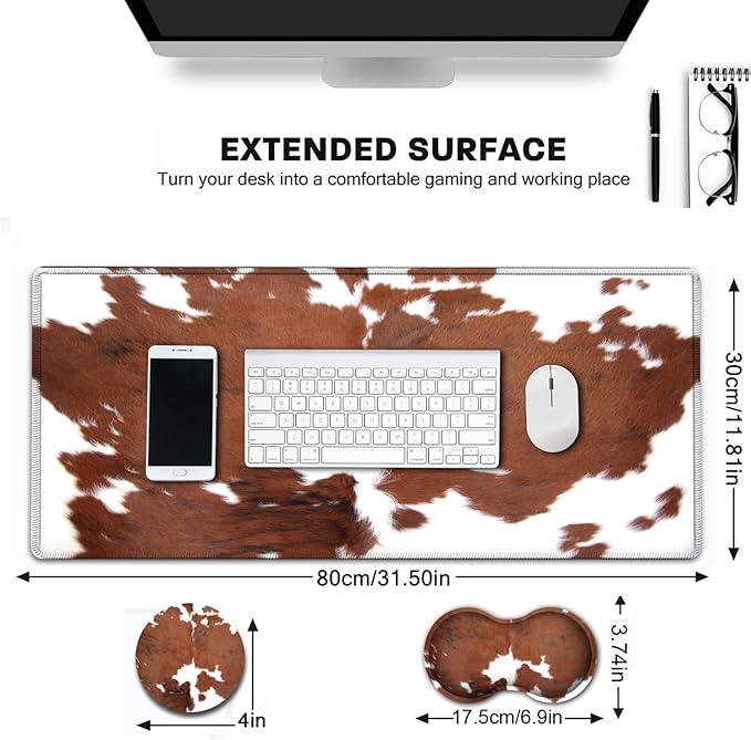 Large Gaming Mouse Pad Extended Waterproof Desk Pad Protector (31.5 x 11.8) Ergonomics Memory Foam Mouse Wrist Rest Supportfor Home Office Laptop Easy TypingBrown White Cowhide Fur XXL Mouse Mat