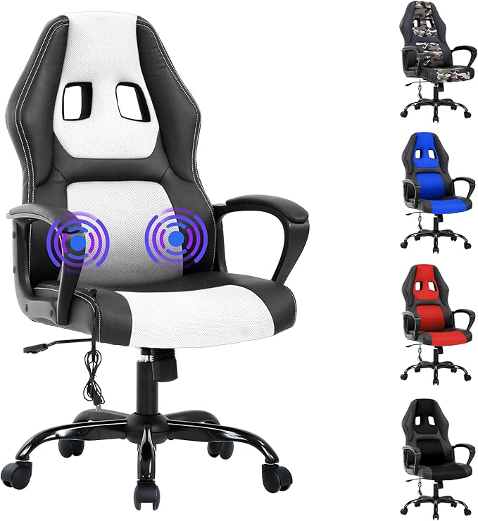 Massage Gaming Chair Gaming Chair with Massager Massage Lumbar Support Gaming Chairs for Adults Office Gaming Chair with 360°Swivel Comfortable Gaming Chair with Height Adjustable White &amp Bl