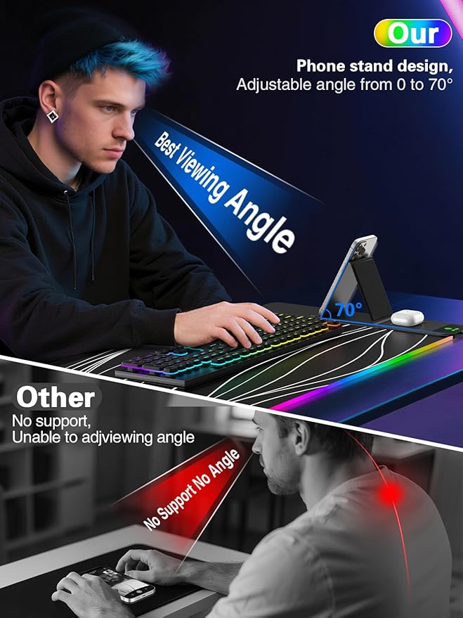 Mouse Pad with Foldable Phone Holder &amp Wireless Charger XXL RGB Gaming Mousepad 31.5x15.8 Large Desk Mat for Keyboard Black Desk Pad with Dual Qi Charging Station | 11 Colors 5 Modes | Waterpr