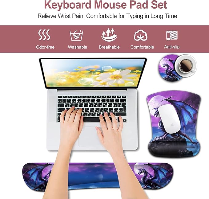 Mouse Pad with Wrist Support Office Easy Typing Games to Relieve Fatigue Non-Slip and Durable Soft Memory Foam Keyboard Wrist Rest Ergonomic Gel Smouse Pad Cartoon Cute Purple Cool Dinosaur