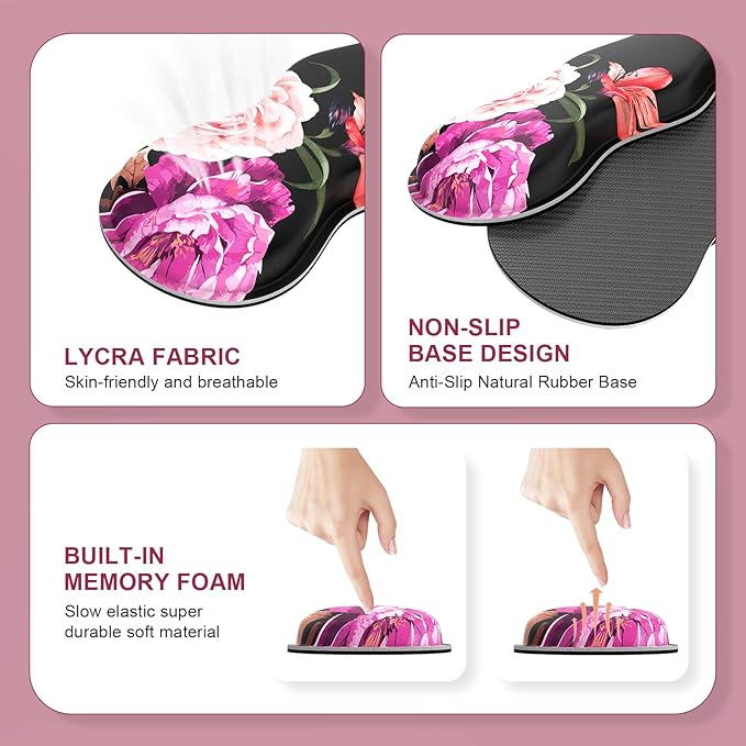 iLeadon Mouse Pad Set Desk Mat + Mouse Pad with Wrist Rest + Keyboard Wrist Rest + Coaster Mouse and Keyboard Pad Set with Stitched Edge &amp Non-Slip Base Desk Pad Mat for Work Gaming Peony Flow