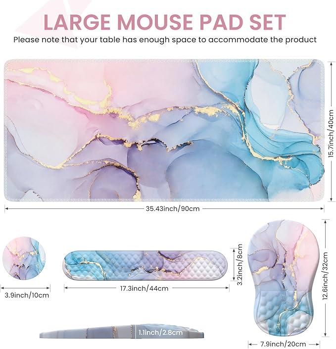 Desk Pad Mat Large Mouse Pad with Wrist Rest Ergonomic Keyboard and Mouse pad with Massage Design &amp Memory Foam Computer Mouse Pad for Home Office Study Game Pink Blue Marble