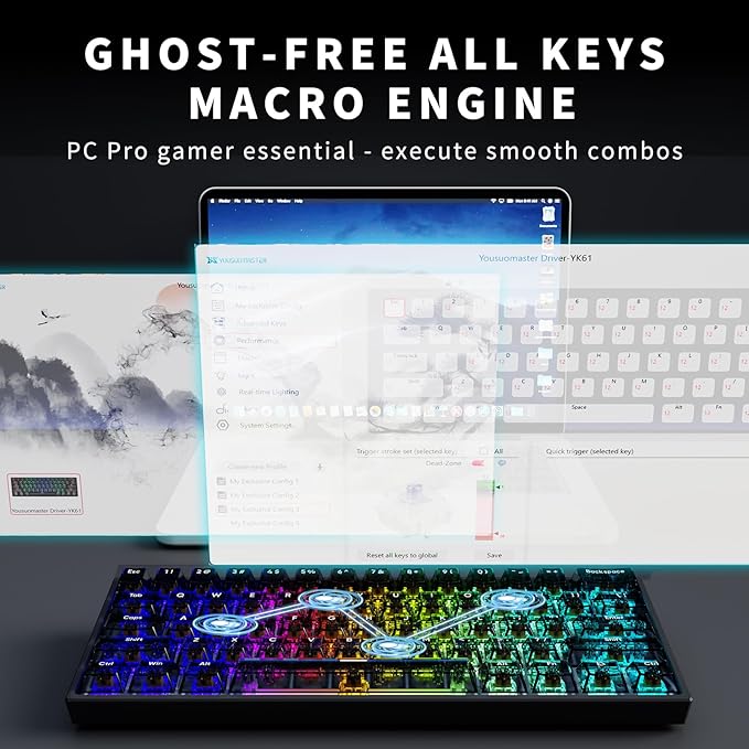 60% Mechanical Gaming Keyboard Wired YK61 Mini Hall Effect Magnetic Switch Keyboard 61 Keys Adjustable Actuation Rapid Trigger Mode 8K Hz Polling Rate Hot-Swap RGB Backlit (Translucent Black)
