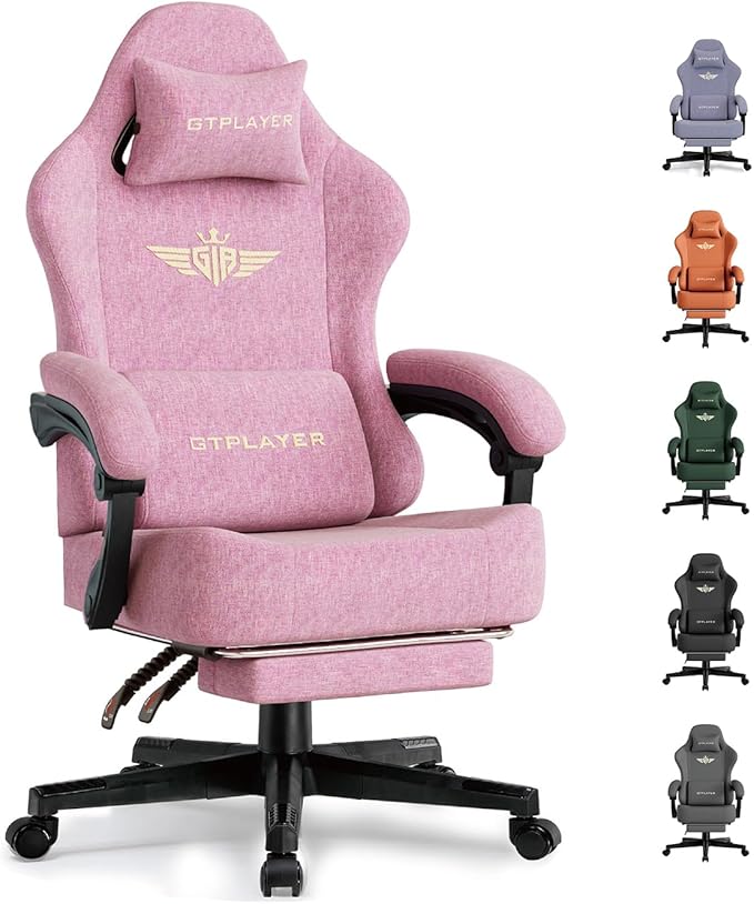 GTPLAYER Big and Tall Gaming Chair with Pocket Spring Cushion High Back Ergonomic Computer Chair with Footrest for Adults Lumbar Support Swivel Game Chair for Office Gaming 350LBS Fabric Pink
