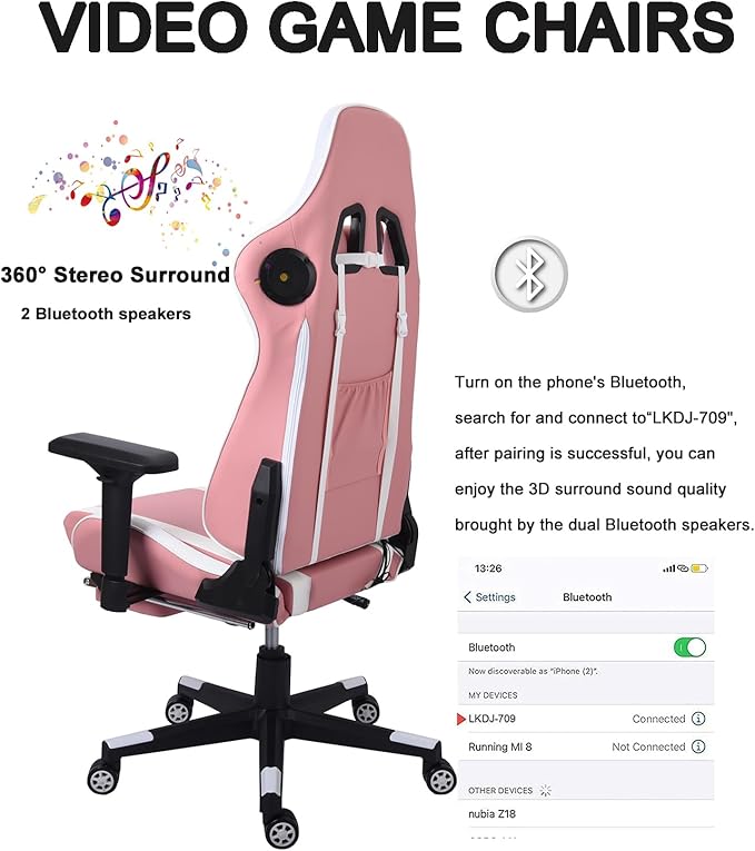TBQATNTS LED Gaming Chair with Massage High Back PU Video Game Chair with Speakers Adjustable Lumbar Support and Headrest Reclining Computer Gaming Chair for AdultsPink