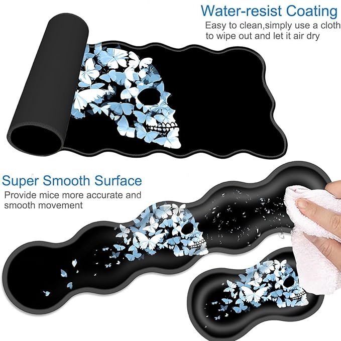 Desk Mat Mouse Pad with Wrist Rest 4-in-1 Large Mouse Pads for Desk Ergonomic Mouse Pad and Keyboard Wrist Rest Gaming Keyboard Mat for OfficeButterfly Skull
