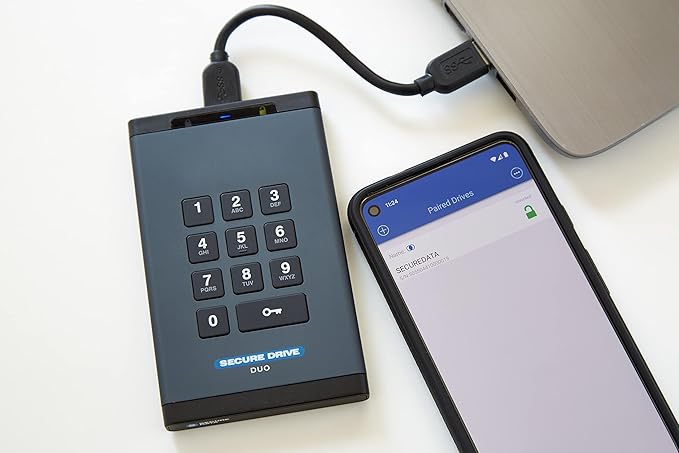 SecureData SecureDrive DUO 500 GB Encrypted External Hard Drive SSD FIPS 140-2 Level 3 Unlock via Keypad or Mobile TAA Compliant CJIS HIPAA CMMC GDPR Compliant | External Hard Drive Port : USB 3.0