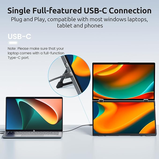 Portable Dual Monitors 15.6 1080P Dual Laptop Screen Extender Foldable Second Monitor Plug &amp Play with No Driver Needed Ideal for Home &amp Office Work with Wins Laptop