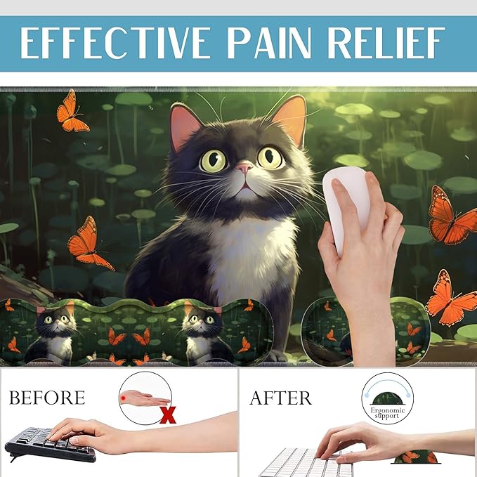 4 in 1 Mouse Pad Combo Large Gaming Mouse Pad + Keyboard Wrist Support + Mouse Wrist Rest + Coaster Table Pad with Stitched Edge Ergonomic Wrist Pad Set Butterfly and Cat