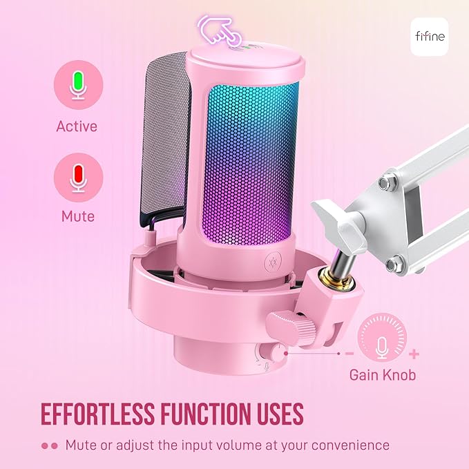 FIFINE USB Streaming Microphone with Boom Arm Gaming Mic Kit for PC PS4/PS5 Podcast Microphone for Podcast with RGB Control Mute Button Gain Knob Headphones Jack Pop Filter-A8T Pink