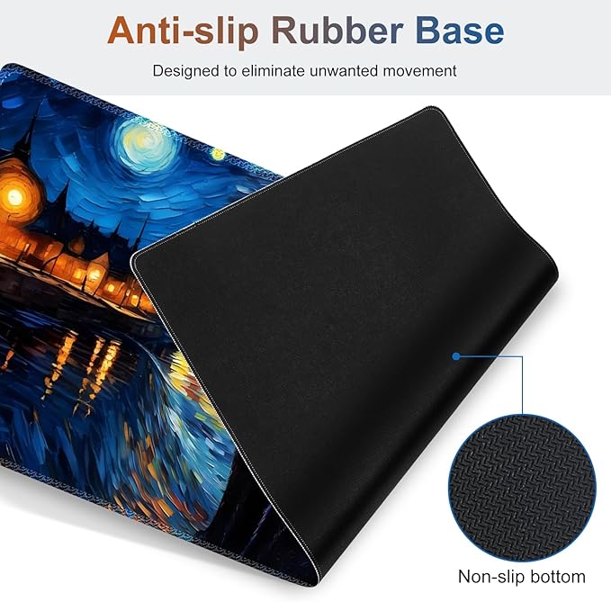 Desk Mat Gaming Mouse Pad Cute Desk Matt Keyboard Wrist Rest for Desktop Anti-Slip Mousepad Stitched Edges XXL Large Mouse Pad with Wrist Support for Home Office I Van Gogh Starry Night Cat