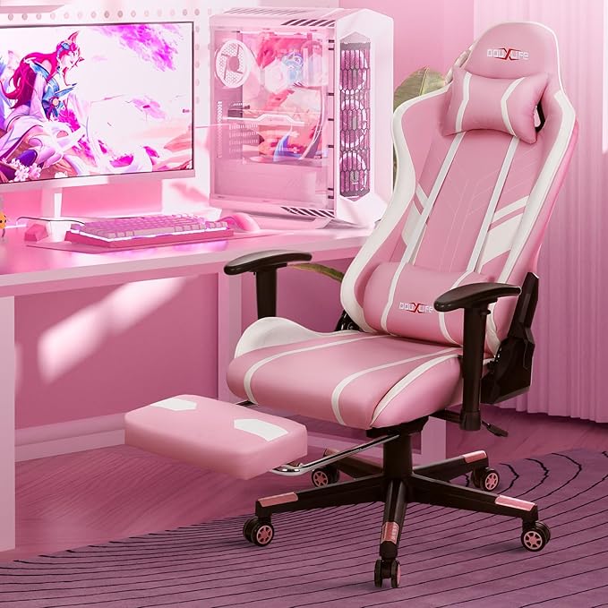 Douxlife 7-Point Massage Gaming Chair with Footrest 400lbs Heavy Duty Ergonomic Computer Chair 175° Reclining High Back Racing Seat for Adults with Adjustable Armrests &amp Lumbar Support Pink