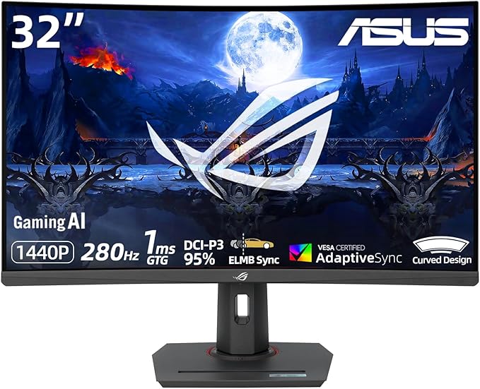 ASUS ROG Strix 32 QHD Curved Gaming Monitor - 280Hz Ultrafast Refresh Rate 2560x1440 Fast VA Display 1ms GTG ELMB Sync USB-C HDR400 DP HDMI USB-CTripod Socket DisplayWidget Center