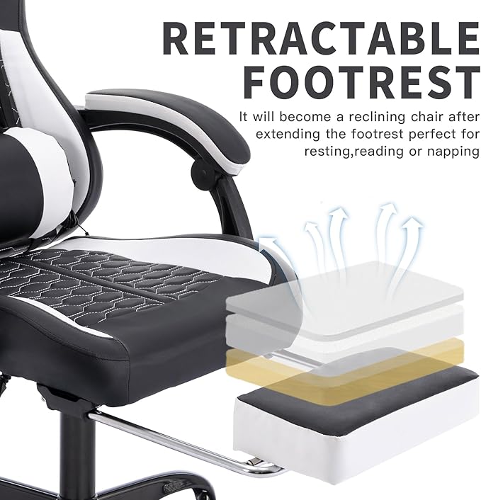 Black 360° Swivel Gaming Chair Ergonomic Heavy Duty 330lbs Office Chair with Footrest and Massage Lumbar Support Height Adjustable High Back Reclining Gamer Chair with Headrest (Black White)
