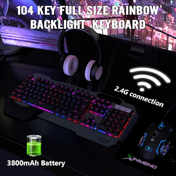 Wireless Gaming Keyboard and Mouse ComboRainbow LED Backlit Keyboard with Rechargeable 3800mAh Battery Metal PanelRemovable Wrist Rest Mechanical Feel and 7 Color Mute Gaming Mice for PC PS4 PS5