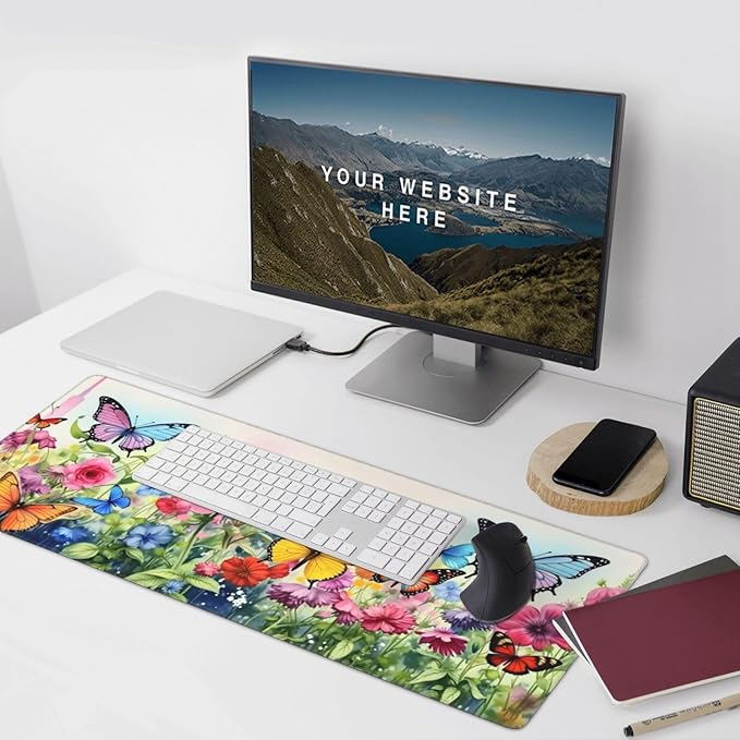 Butterfly Floral Garden Mouse PadDesk MatLarge Waterproof Non-Slip Rubber Mousepad with Stitched Edges Office Home Computer Desk Accessories35.4X15.7