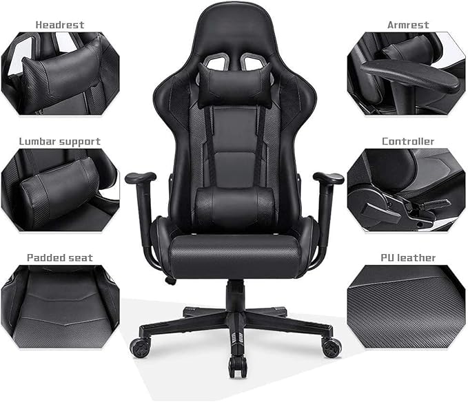 WANYE Adult Gaming Chair Gaming Chair Gaming Chair with Massage Reclining Gaming Chair High Back PC Gaming Chair Ergonomic Gaming Chair (Red) Black