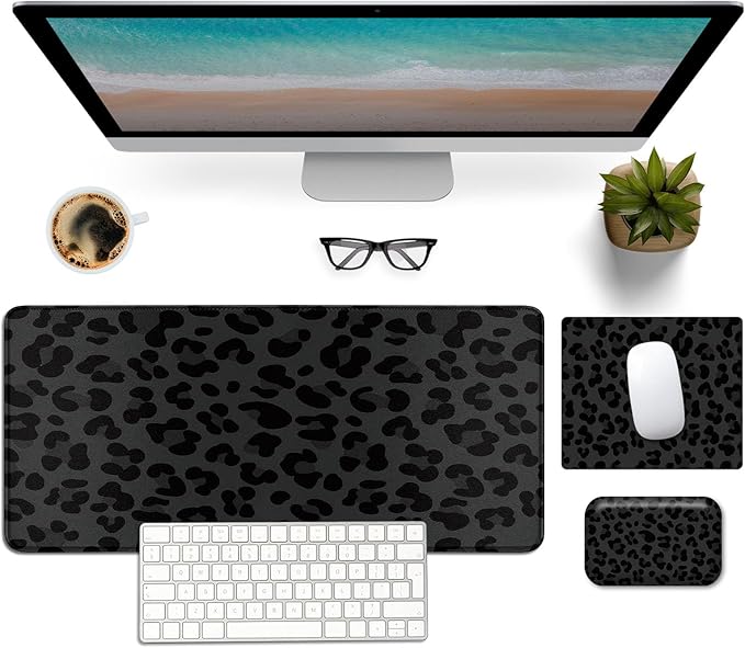 Mouse Pad Desk Mat Ergonomic Wrist Support Pad SetMouse Wrist Rest Keyboard Pad with Stitched Edges and Non Slip Base-Black Leopard Panther Cheetah Print
