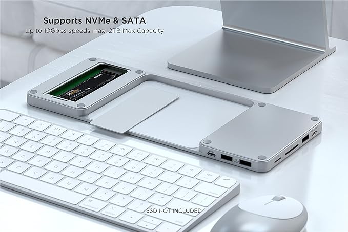 Satechi USB C Slim Dock for 24” iMac with Tool-Free Enclosure for M.2 PCIe NVMe and SATA SSDs USB C Data Port USB A 2 USB 2.0 Micro/SD Card Reader - Silver