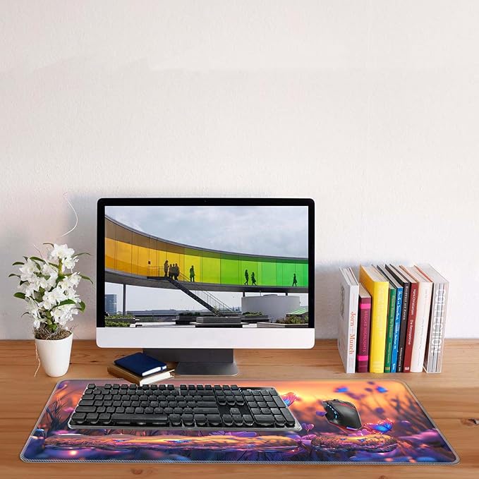 Keyboard Mouse Pad SetLarge Desk Pad+Keyboard Wrist Rest+Mouse Wrist Support+CoasterEasy Typing Pain Relief Non-Slip Wrist Support Mousepad Set Home OfficeGlowing Butterflies Flowers